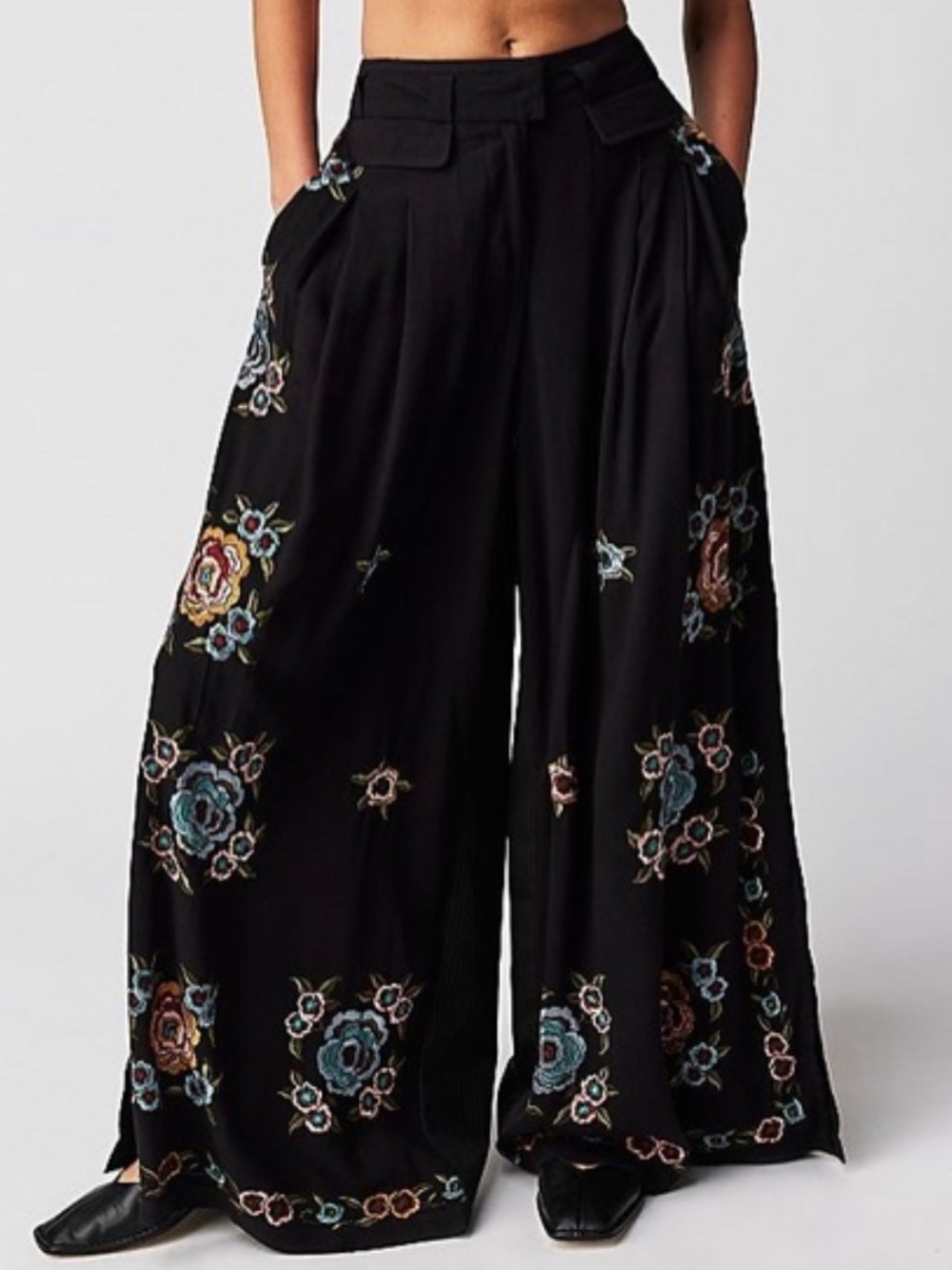 Free People Florence Embroidered Floral Palazzo Trouser Pants Boho Chic Eclectic